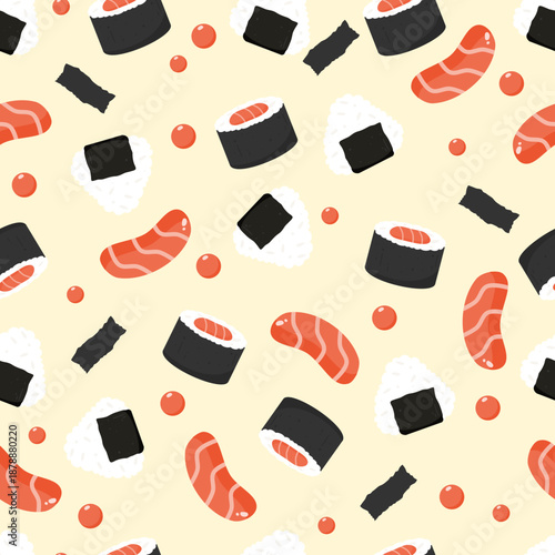 Onigiri and sushi roll with nori and salmon slices seamless pattern. Cute and delicious food illustration. Can be used for wallpaper, paper wrapping and restaurant decoration 