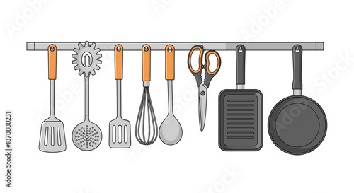 Kitchen utensils including spatulas, whisk, spoon, and scissors hanging neatly on a modern metallic wall-mounted storage rack.
