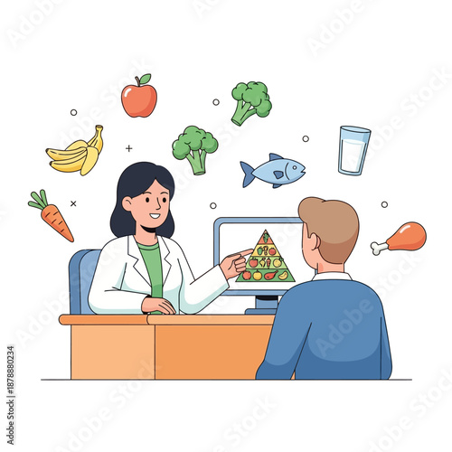 Professional nutritionist advising a patient on a balanced diet with healthy food options displayed around them, illustrating healthy eating habits and dietary consultation