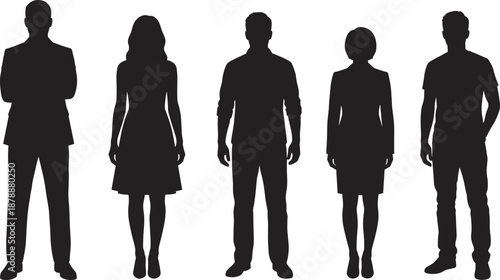 Full length silhouettes of diverse business people and casual men and women standing in a row isolated on white background for professional team concept