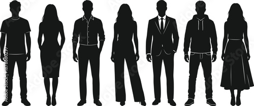 modern men women silhouettes set, casual and business fashion standing poses, lifestyle people characters collection, isolated black vector illustration