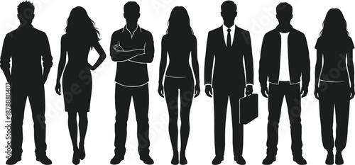 modern men women silhouettes set, casual and business outfits standing poses, lifestyle fashion people collection, isolated black vector illustration