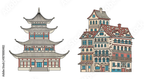 Side by side comparison of traditional architectural styles featuring an eastern pagoda and a classic western European apartment building.