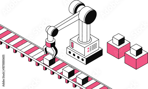 Industrial robot arm on conveyor belt with pink boxes, manufacturing production line, automation technology, factory process
