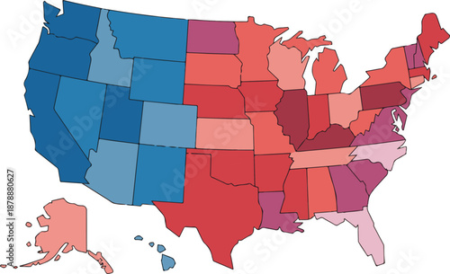 United states electoral map illustration showing political division across american states concept of election polling results