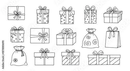 Large collection of gift boxes, bags, and sacks decorated with patterns and bows presented in a clean black and white line art style.