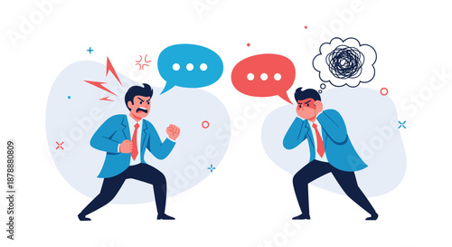 Illustration of two businessmen in a heated argument with aggressive gestures and speech bubbles representing workplace conflict.