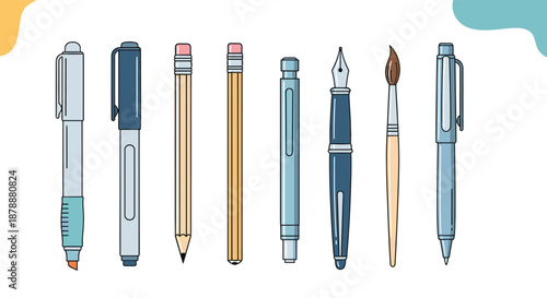 Selection of various writing and artistic drawing instruments including pens, pencils, a marker, a fountain pen, and a paint brush.