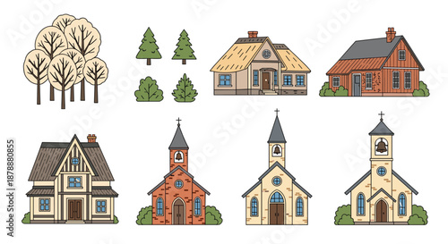 Picturesque collection of traditional European architecture featuring cozy cottages, trees, and several styles of classic parish churches.