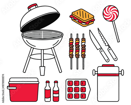 Barbecue grill set with food cooking utensils and picnic items outline for outdoor cooking concept