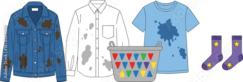 Dirty Laundry Clothes Illustration Set with Stained Shirts, Jacket, Socks, and Basket Showing Washing, Cleaning, and Household Care Concept