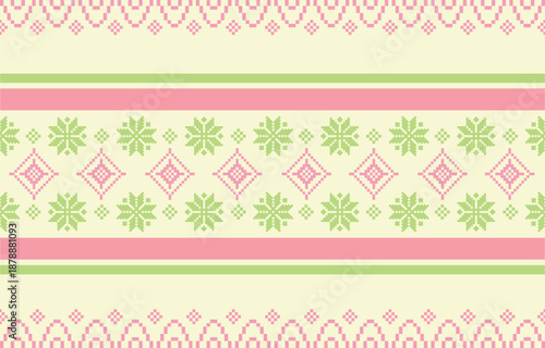 Seamless Christmas pixel pattern vector in retro 8-bit style, featuring festive holiday motifs. Perfect for Christmas wrapping paper, sweaters, greeting cards, backgrounds, and textile design.	