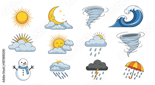Comprehensive set of weather icons representing conditions such as sunny, rainy, stormy, snowy, cloudy, plus tornadoes and ocean waves.