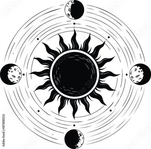 Celestial harmony sun and moon phases in a circular cosmic design.