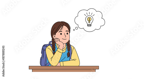Young schoolgirl with a backpack sitting at a desk and thinking of a new idea visualized as a glowing lightbulb in a speech bubble.