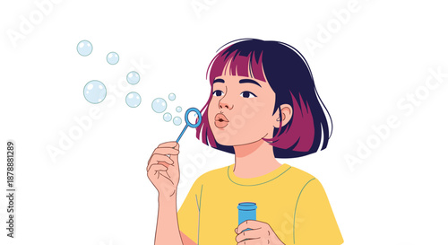 Young girl with purple highlighted hair blowing soap bubbles from a blue wand representing playful childhood innocence and joy.