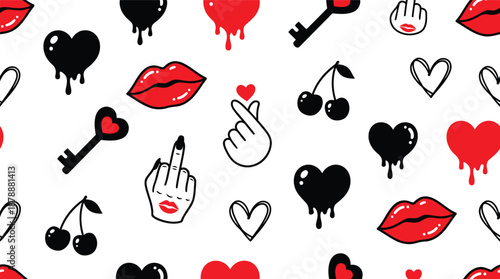 Seamless Pattern with Red Lips, Dripping Hearts, Cherries and Edgy Hand Gestures on White Background