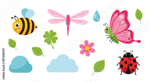 Charming collection of spring nature icons including a bee, dragonfly, butterfly, ladybug, flower, clover, leaves, and clouds.