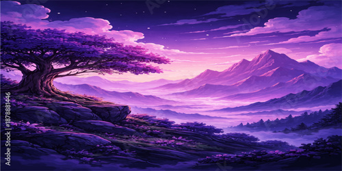 Beautiful night landscape featuring a moonlit sky over misty mountains and a peaceful valley at sunset with soft clouds and evening light
