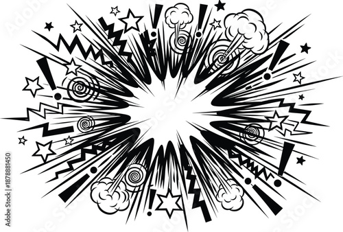 Symmetrical Comic Explosion with Stars, Spirals, and Cloud Bursts in High-Contrast Black and White for Dramatic Visual Storytelling