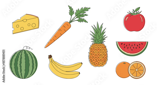 Healthy snack collection featuring various fruits such as watermelon, bananas, pineapple, oranges, a tomato, carrot, and a slice of cheese.