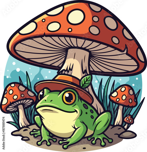 Charming frog wearing a hat under a large mushroom.