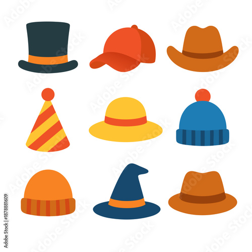 Nine cartoonish hats collection with beanies, witch hat, and fun designs. Perfect for adding a whimsical touch to design projects.