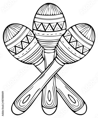 Three decorative maracas with intricate patterns crossed together musical instrument