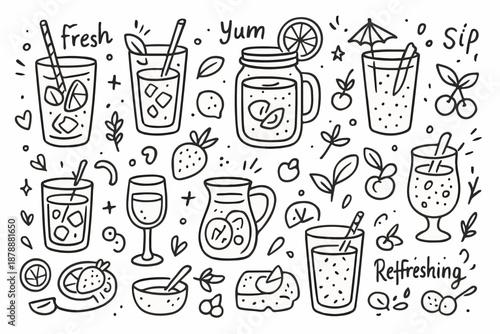 Hand-drawn doodle vector set of mocktails and fruity drinks in a fun style, isolated on white background
