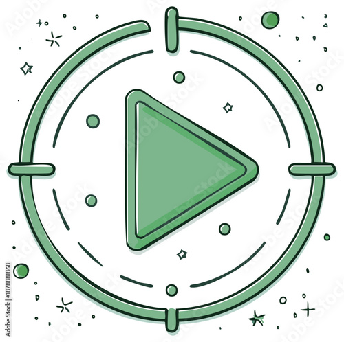 Green play button icon with target and decorative elements hand-drawn style