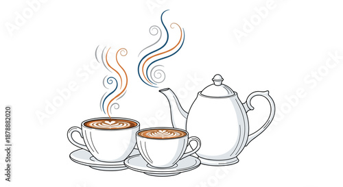 Two cups of hot coffee with latte art and a teapot accompanied by artistic steam swirls on a white background.