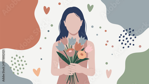 A young woman holding a bouquet of flowers in a gentle, abstract background with hearts and dots
