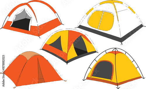Collection of assorted outdoor tents for camping and backpacking in various shapes and bright colors