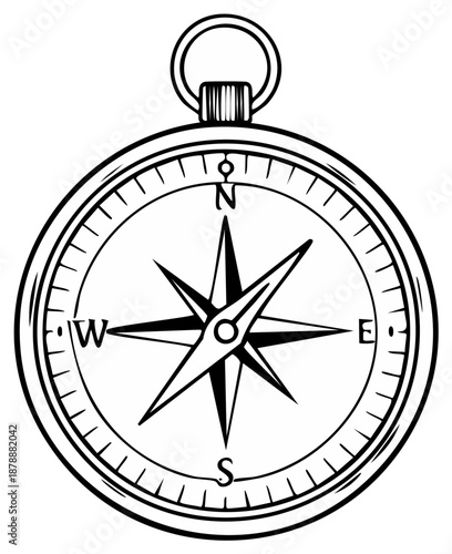 Detailed vintage style compass line art illustration with cardinal directions for navigation