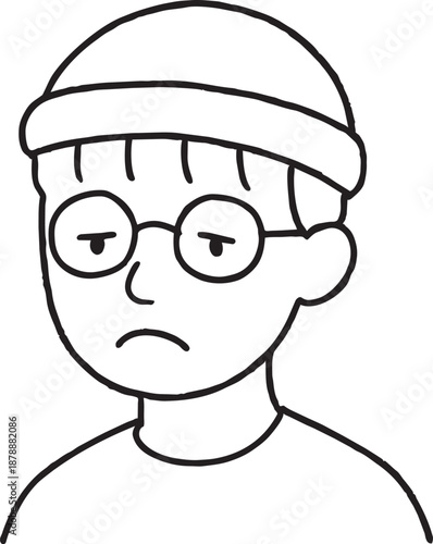 Hand drawn crayon emoji face of bored boy wearing beanie