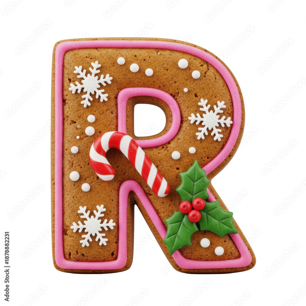 Naklejka premium golden-brown gingerbread cookie shaped like the letter 'r', detailed with bright pink royal icing, sugar holly, and candy cane, isolated on a transparent background. concept for festive holiday baking