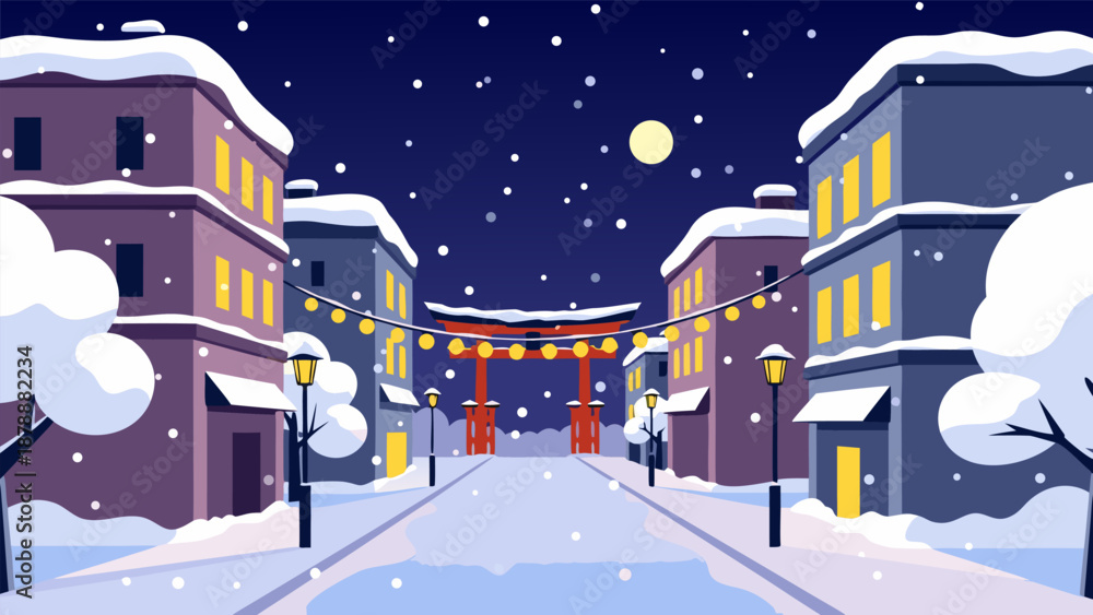 Fototapeta premium Winter street scene with snow falling on buildings and a traditional Japanese gate at the end of the road