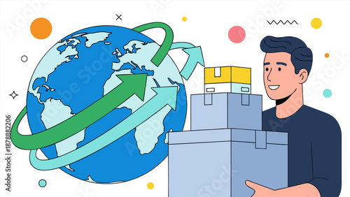 Global shipping and delivery services, carrying parcels around the world