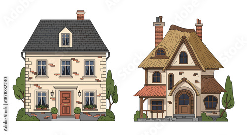 Pair of charming house illustrations showcasing a traditional suburban home and a whimsical fairytale cottage with a thatched roof.