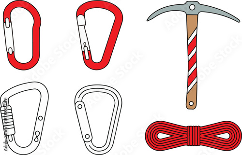 Colorful climbing equipment including carabiners ice axe and rope on transparent background