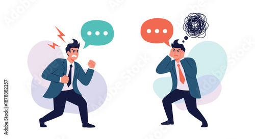 Two men in business suits engaged in a heated argument illustrating conflict stress and lack of communication in the workplace.