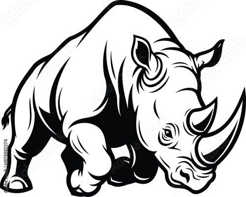 A cute cartoon rhino vector illustration featuring a big wild rhinoceros head isolated on white for safari zoo animal nature design art