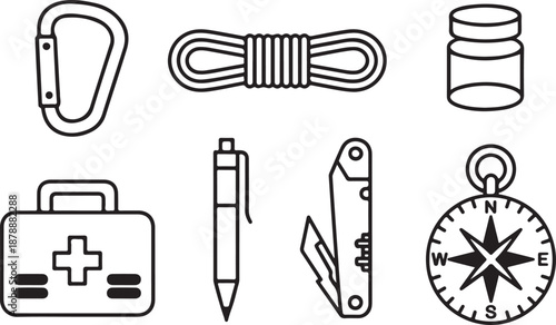 Outdoor adventure and survival gear icons line art set on transparent background