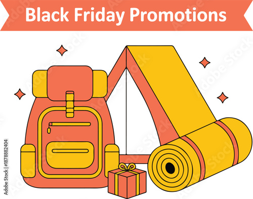 Black friday promotions banner with hiking backpack sleeping mat rolled up gift box camping gear vector illustration