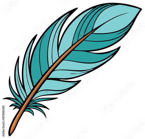 Illustration of a turquoise feather with a brown shaft and black outlines isolated on white background