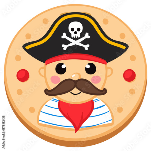 Cartoon pirate character on a cookie with skull hat and mustache for kids