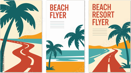 Beach flyer resort promotion set retro style illustration palm trees road ocean landscape tropical travel vacation