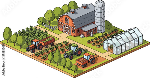 Isometric Farm Illustration with Barn Silo Greenhouse and Tractors.