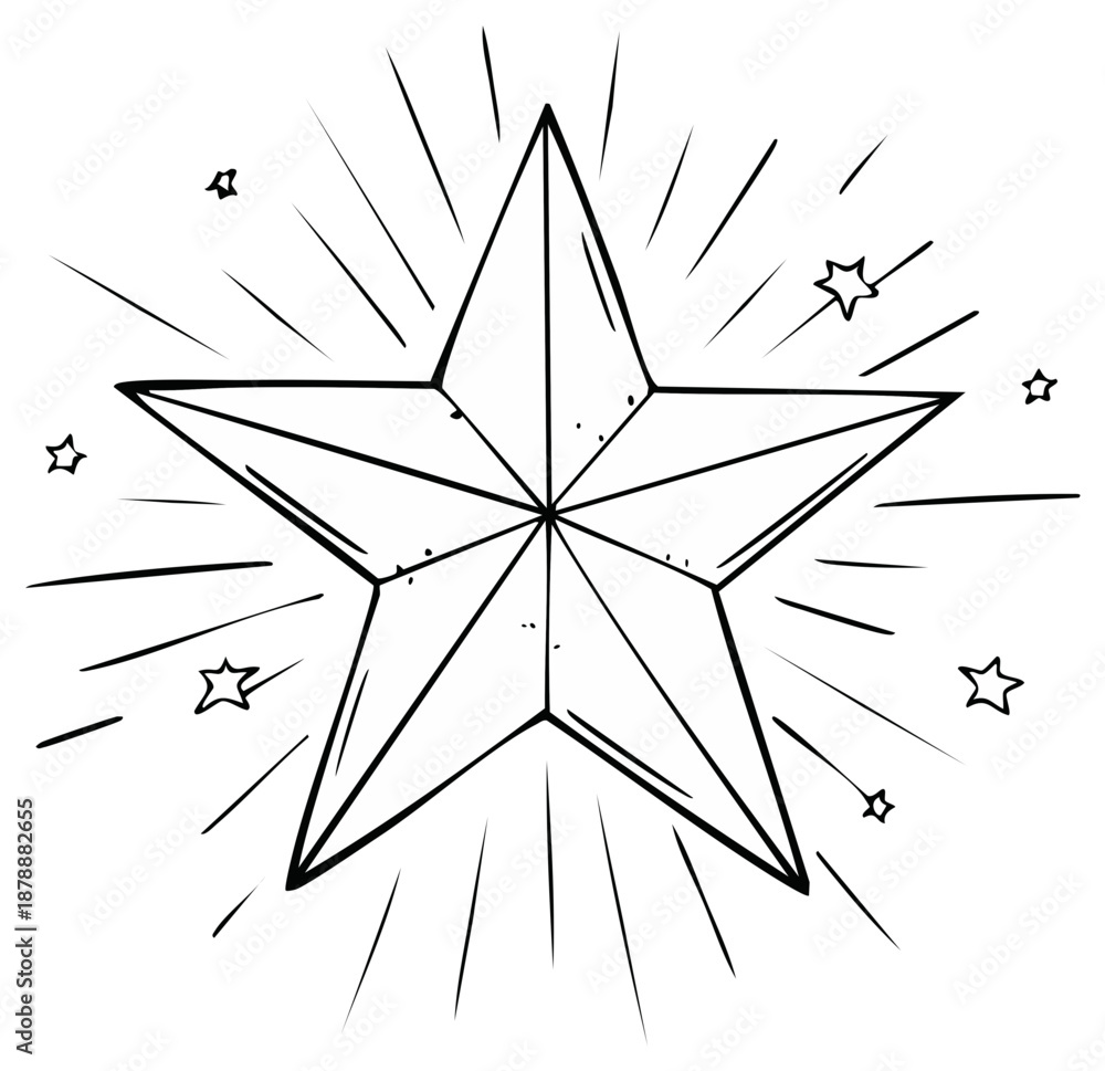 Fototapeta premium Hand Drawn Starburst Illustration with Small Stars Around a Large Five Pointed Star
