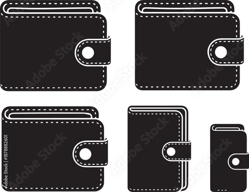 Various styles and sizes of black leather or faux leather bifold wallet outlines with snap closure and stitching